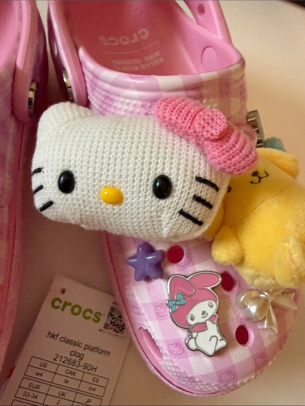 CROCS Pink Checkered Platform Clogs with Sanrio Charms